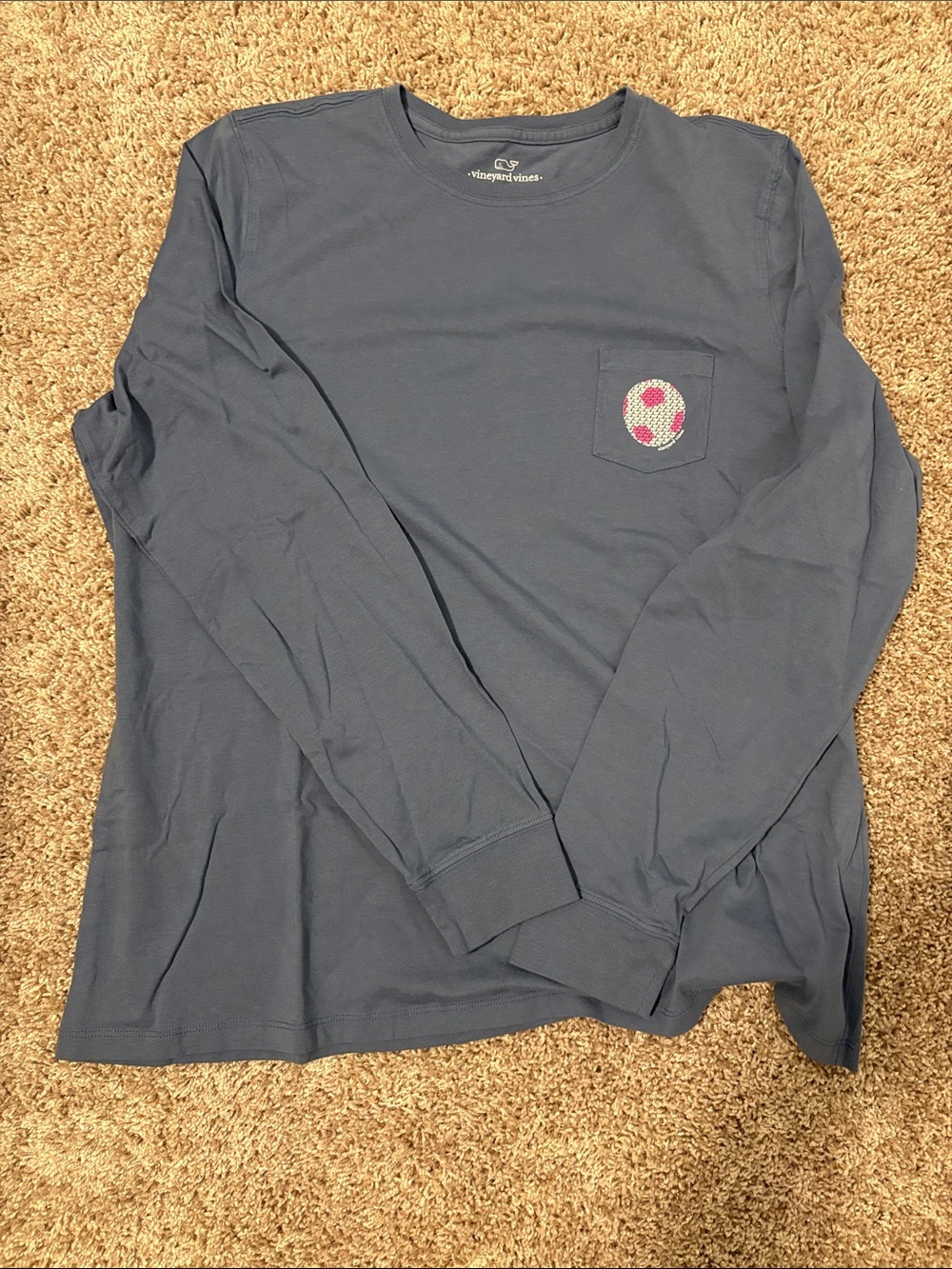 Vineyard Vines Navy Long Sleeve Pocket Tee with Pink Patch